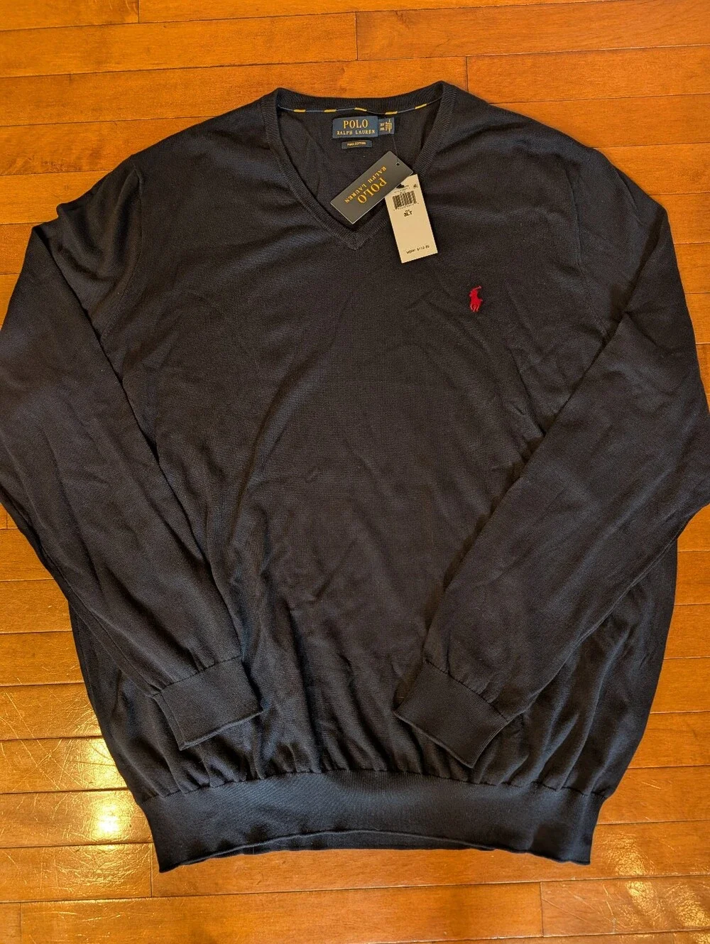 NWT Men's Polo by Ralph Lauren Navy Pima Cotton V-Neck Sweater Red Pony Sz 3LT